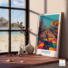 Bangkok Thailand Wall Art - Thai Market Poster Illustration in a bright room with a view of colorful market tents.