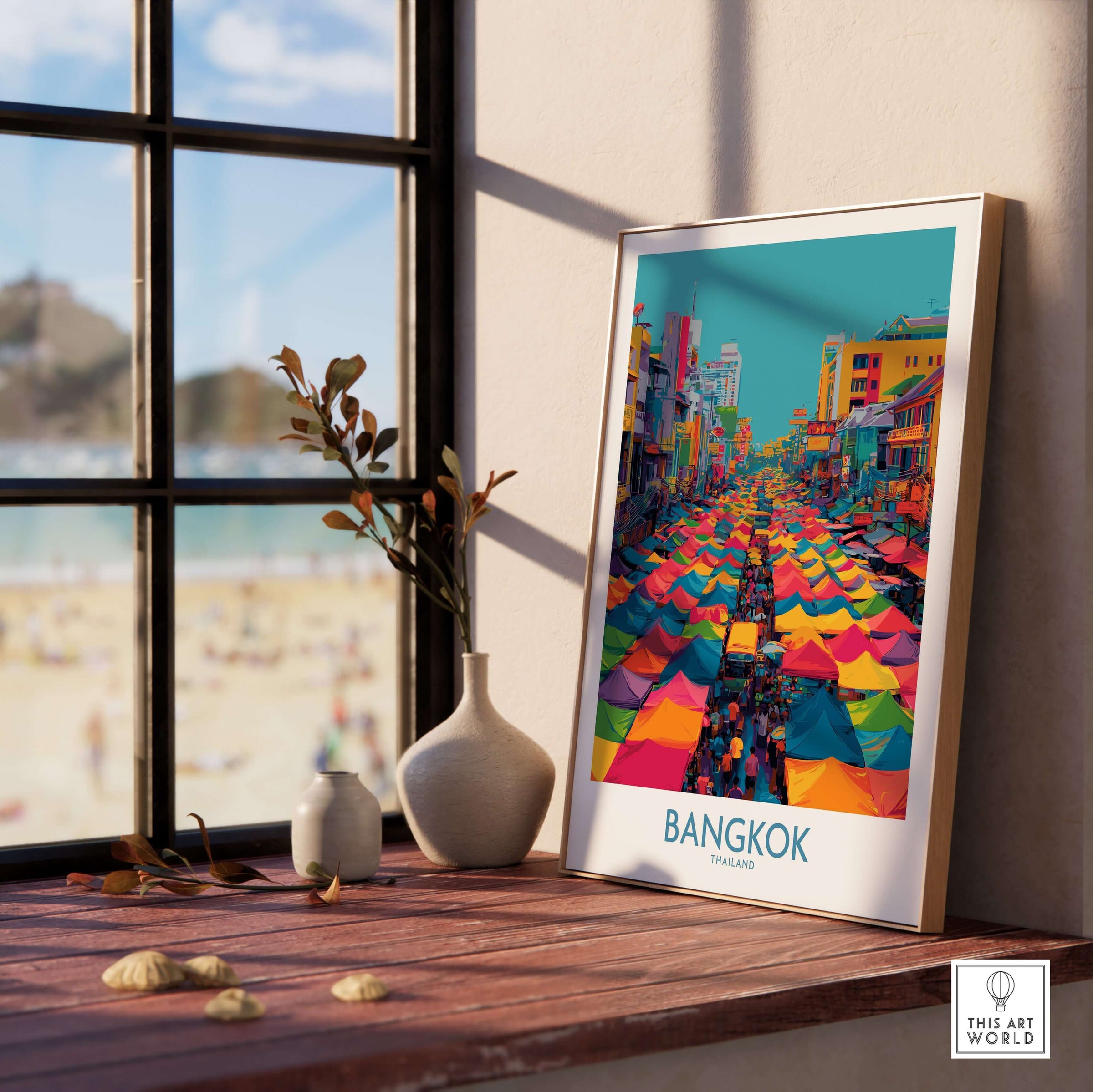 Bangkok Thailand Wall Art - Thai Market Poster Illustration in a bright room with a view of colorful market tents.