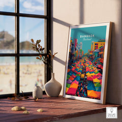 Bangkok Thailand Poster Colorful Market Tents - Vibrant Street Market Print displayed in a bright room with beach view.