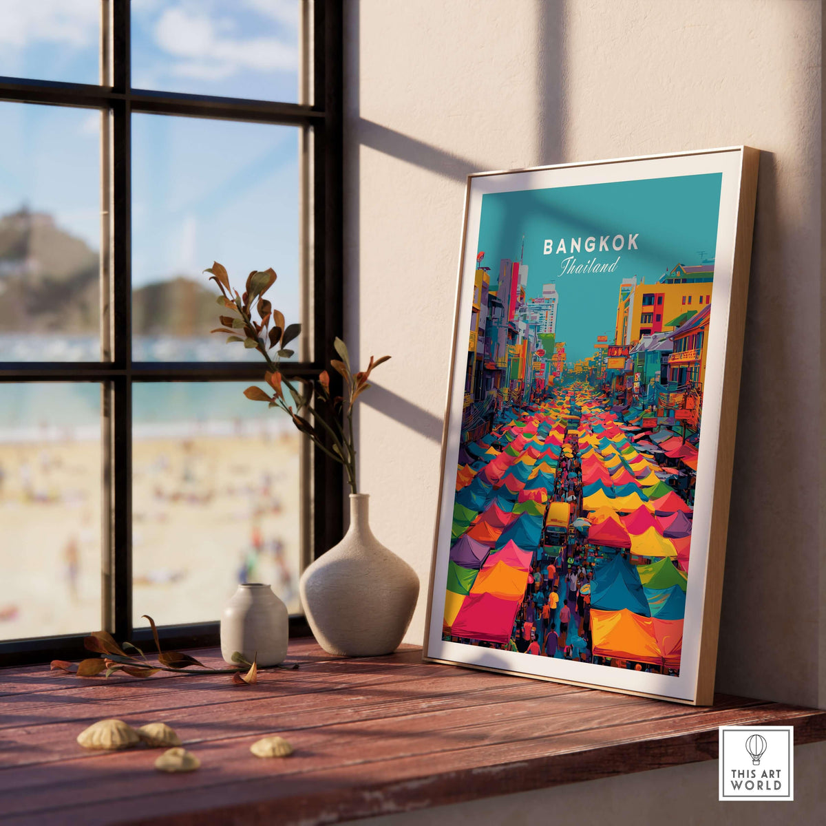 Bangkok Thailand Poster Colorful Market Tents - Vibrant Street Market Print displayed in a bright room with beach view.