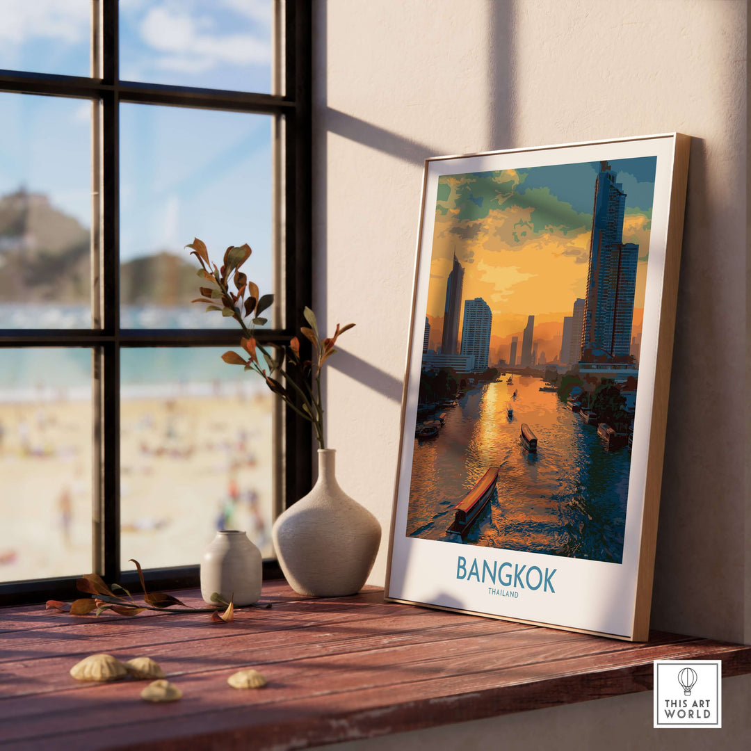 Framed Bangkok urban waterfront wall art showcasing cityscape and sunset view, perfect for home decor.