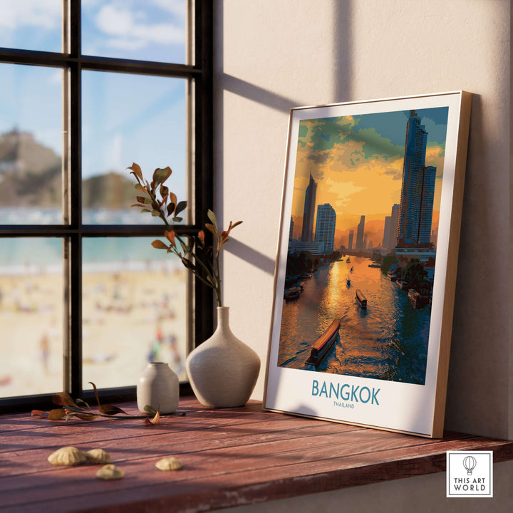 Framed Bangkok urban waterfront wall art showcasing cityscape and sunset view, perfect for home decor.