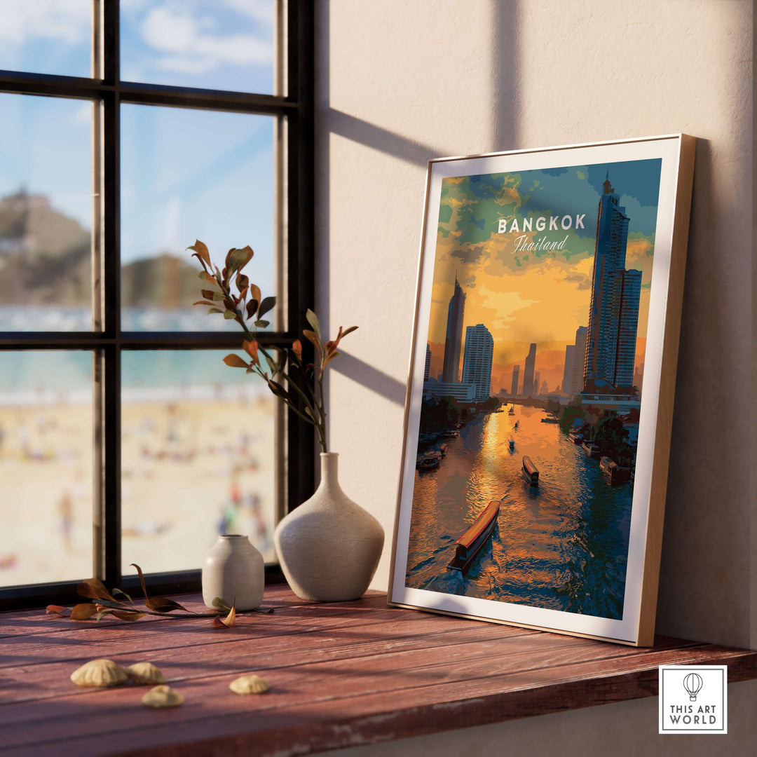 Framed Bangkok skyline print featuring river boats at sunset, enhancing any decor with vibrant cityscape beauty.