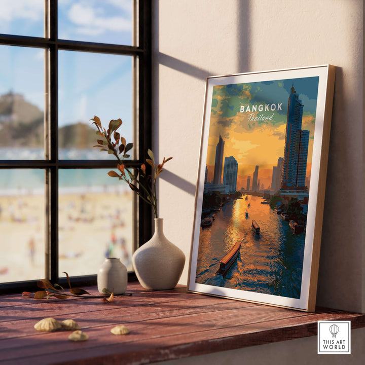Framed Bangkok skyline print featuring river boats at sunset, enhancing any decor with vibrant cityscape beauty.