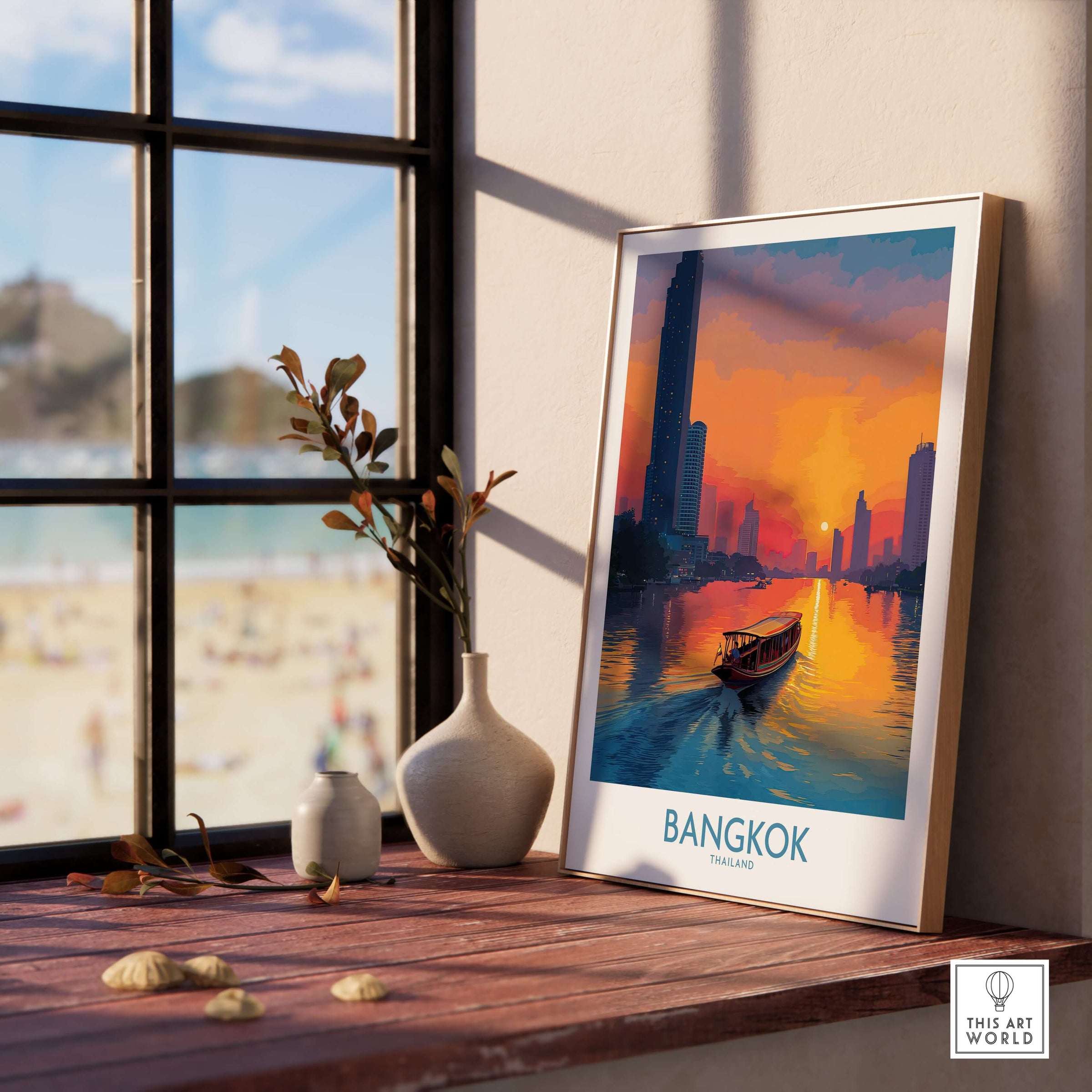 Bangkok Wall Art Thailand Golden Hour - Thai River Travel Scene displayed in a cozy interior setting with a beautiful view.