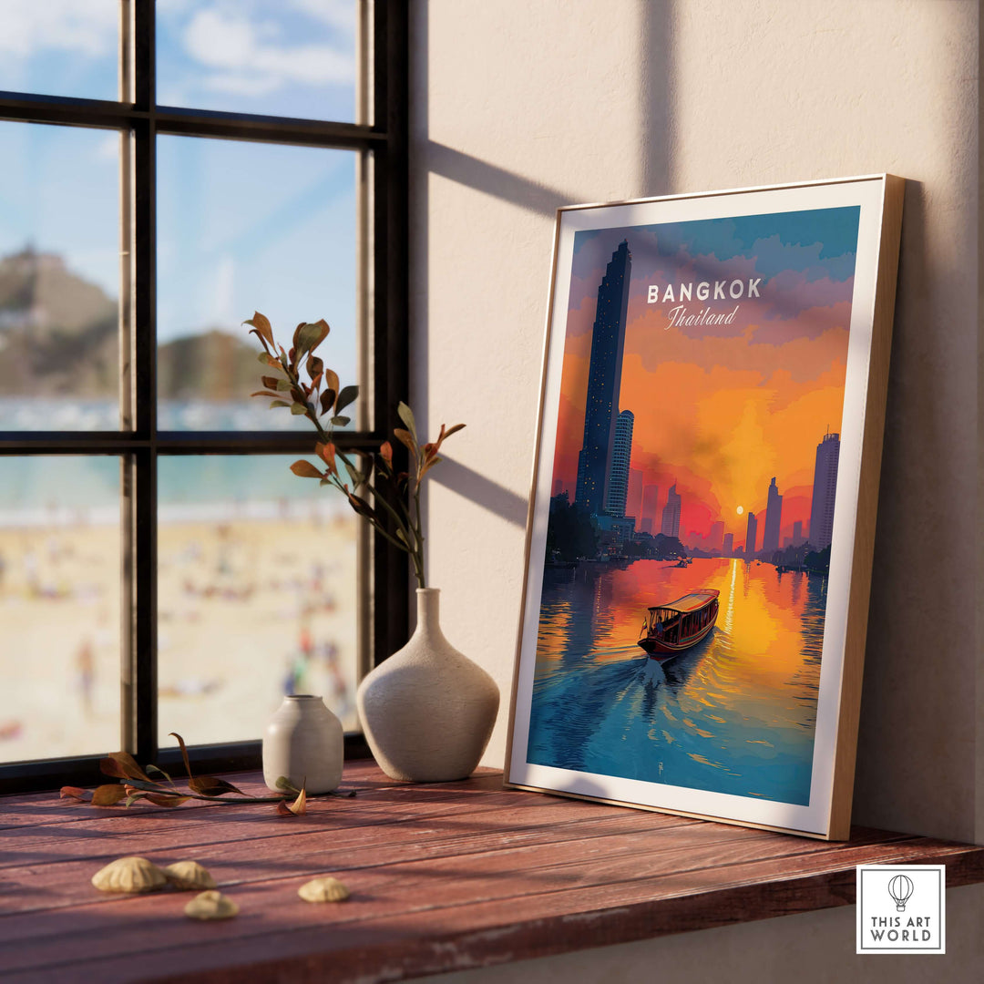Bangkok sunset poster featuring a longtail boat against a vibrant river skyline with cityscape, perfect for home decor.