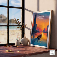 Bangkok Sunset Poster Thailand Longtail Boat - River City Skyline Print displayed in a bright interior setting.