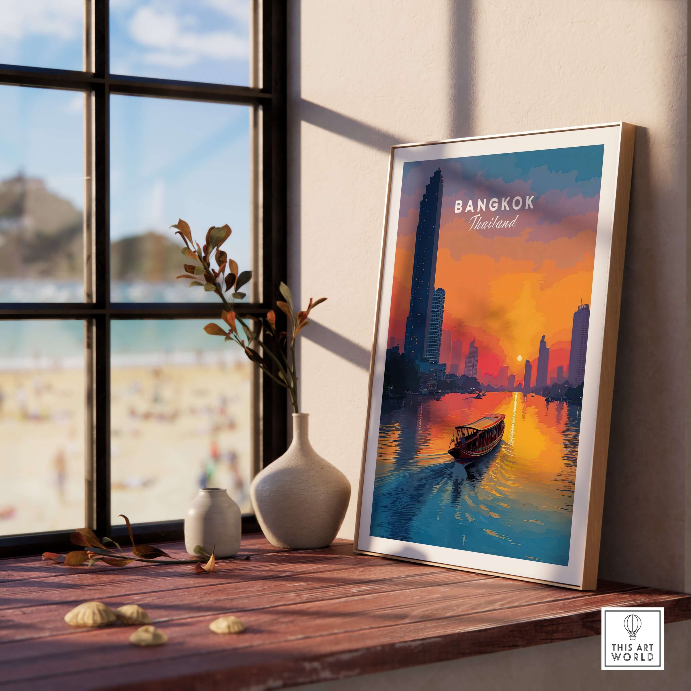 Bangkok Sunset Poster Thailand Longtail Boat - River City Skyline Print displayed in a bright interior setting.