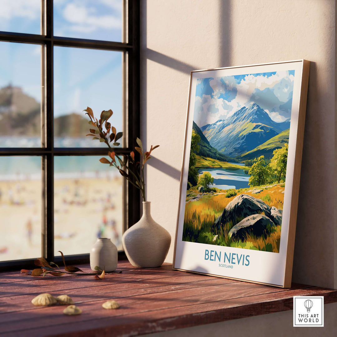 Framed Ben Nevis poster showcasing Scotland's peak view, perfect for travel decor and nature lovers.