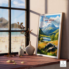 Ben Nevis Scotland Mountain Lake Landscape Print - Scottish Highlands Wall Art displayed in a sunlit room with a view.