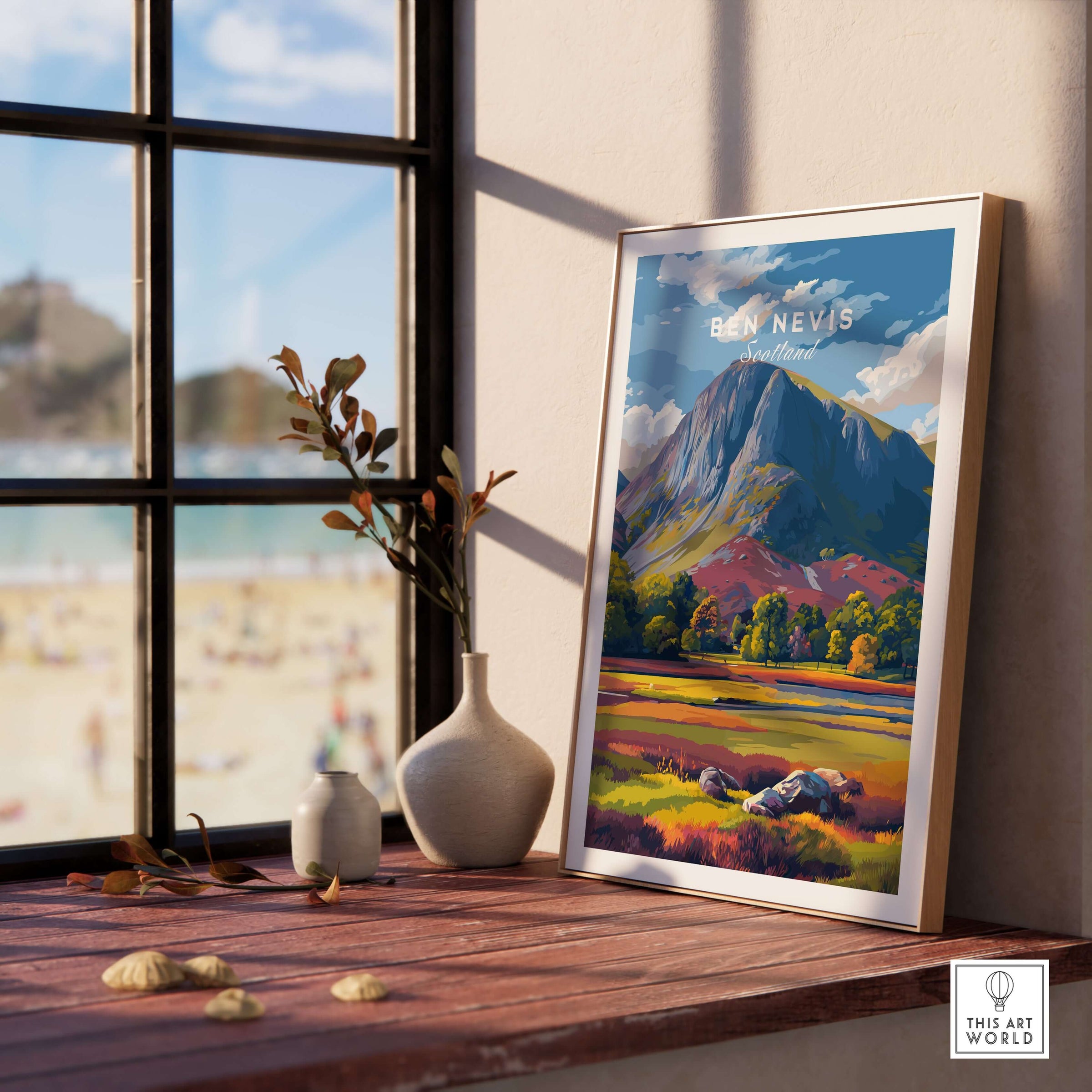 Ben Nevis Print Scotland Colorful Valley - Vibrant Mountain Scenery Poster displayed in a sunny interior setting near a window.