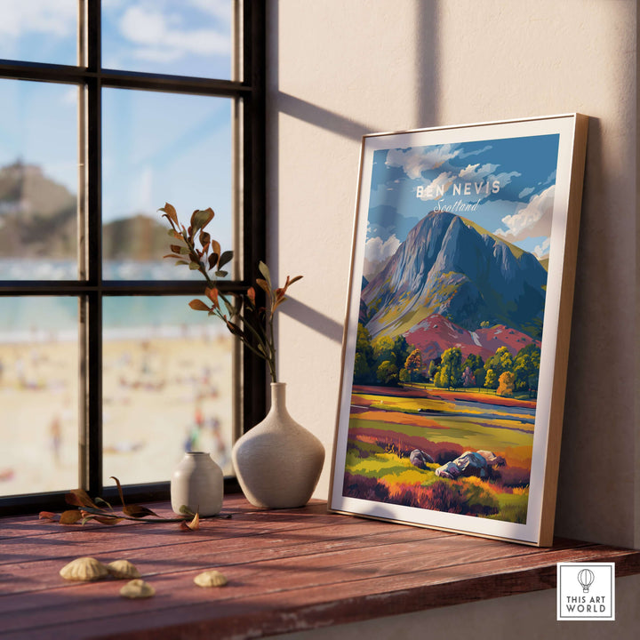Ben Nevis colorful valley poster framed, showcasing vibrant mountain scenery by the window.