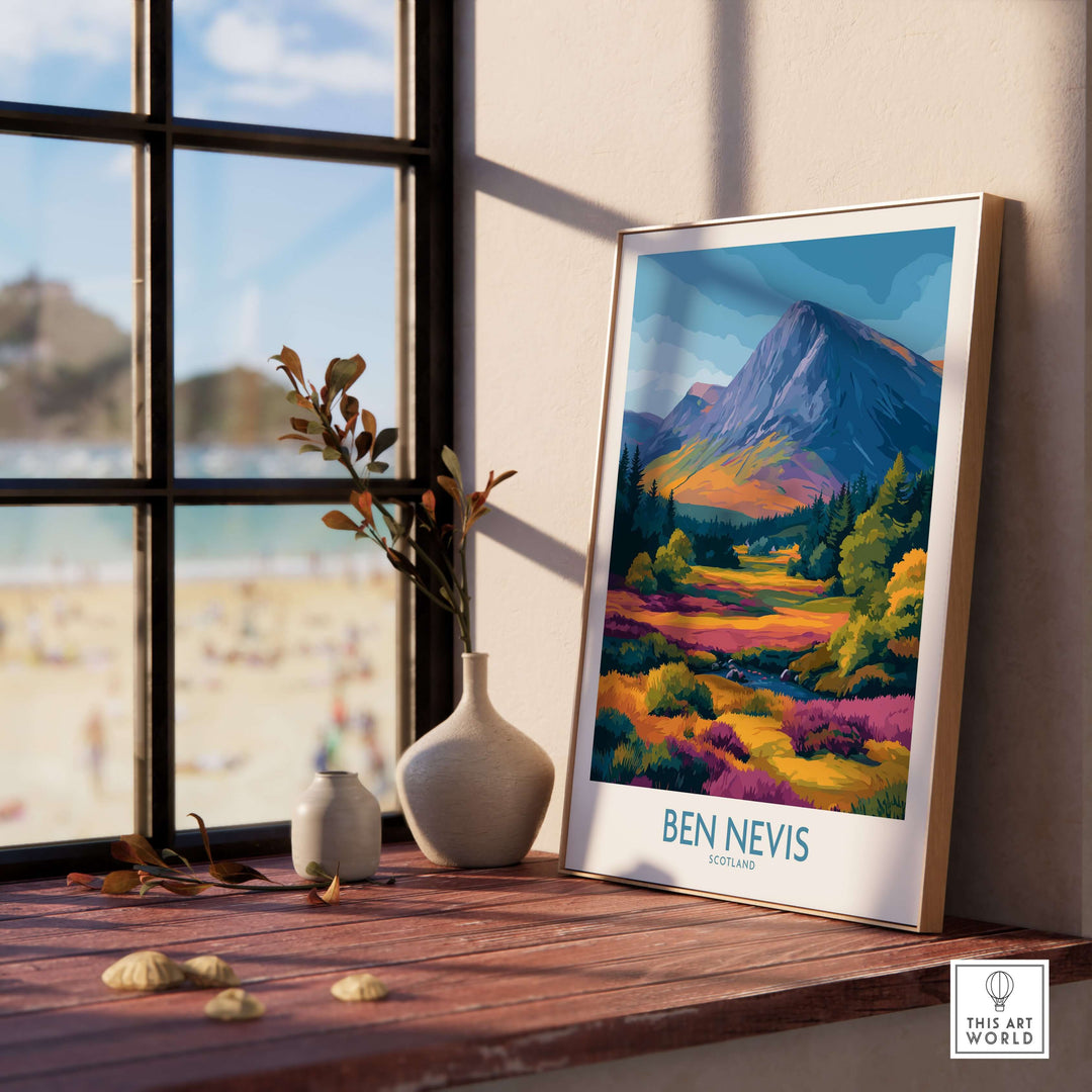 Ben Nevis Scotland print showcasing vibrant heather fields and majestic peaks, enhancing interior decor with natural beauty.
