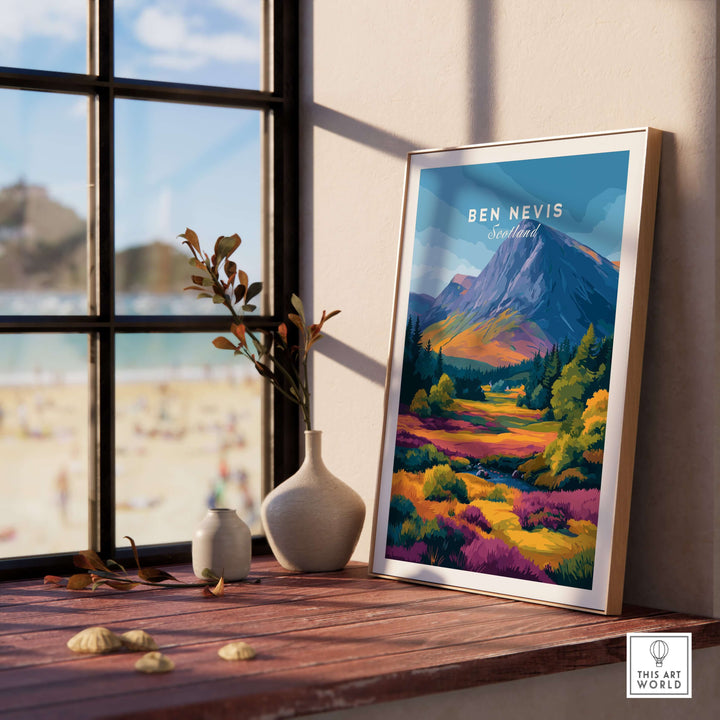 Framed poster of Ben Nevis, Scotland, showcasing vibrant autumn colors and scenic mountain views by the window.