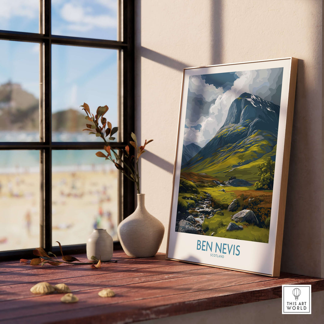 Framed Ben Nevis panorama wall art on a wooden table with a scenic view of Scotland's rugged hills.