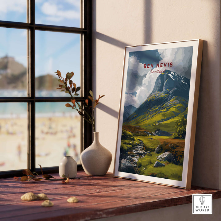 Ben Nevis Scotland art print featuring rugged mountain landscape, framed and displayed indoors with a beach view.