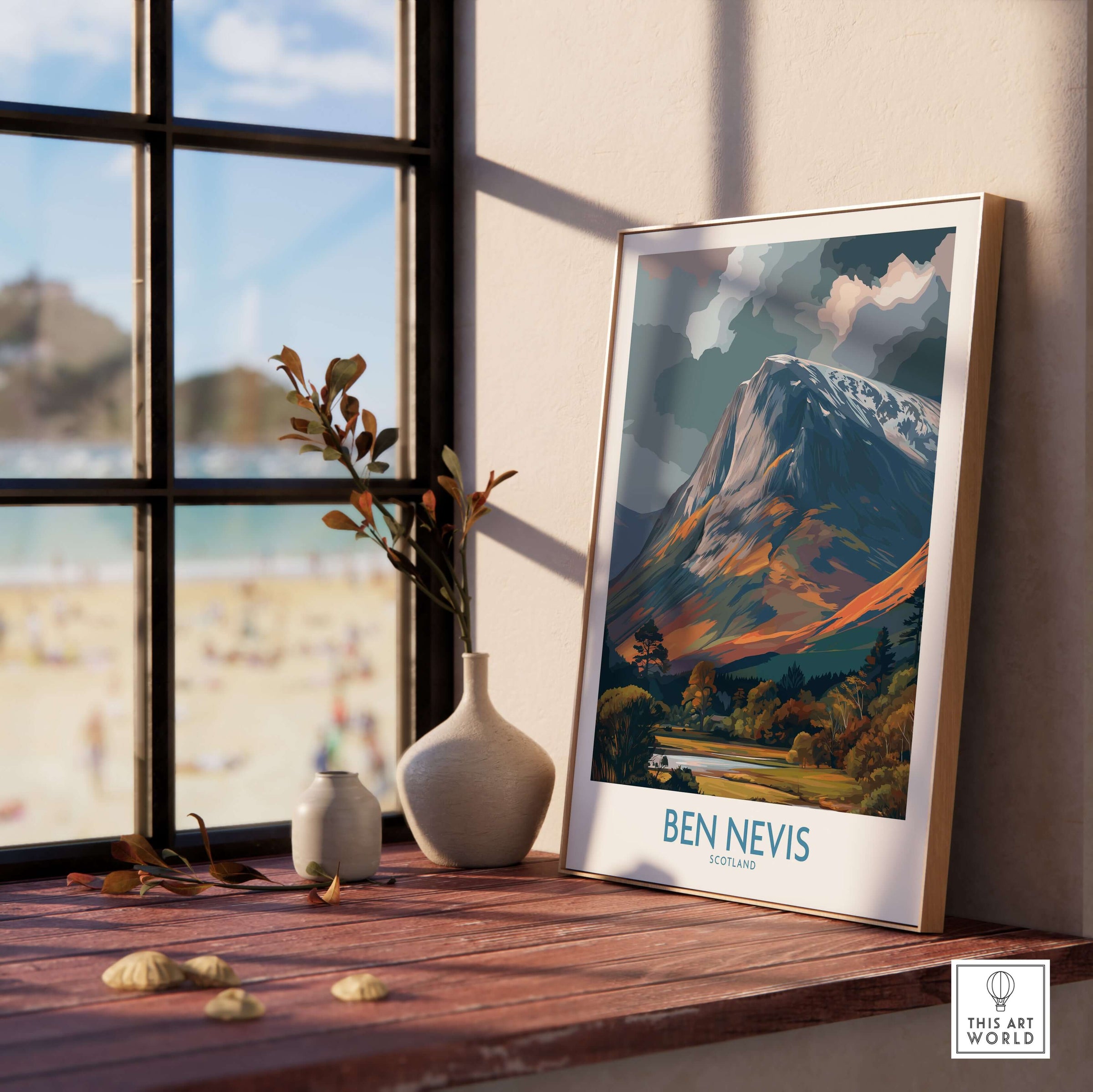 Ben Nevis Scotland Cloudy Peak Landscape Print - Scottish Artwork Gift displayed on a wooden shelf with a scenic backdrop.