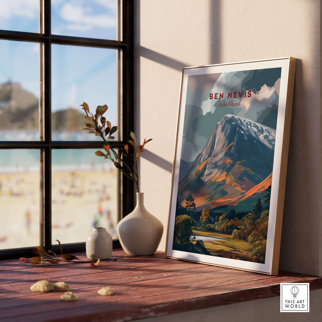Ben Nevis Scotland snow-capped mountain poster displayed in a cozy interior, showcasing dramatic Highland scenery.