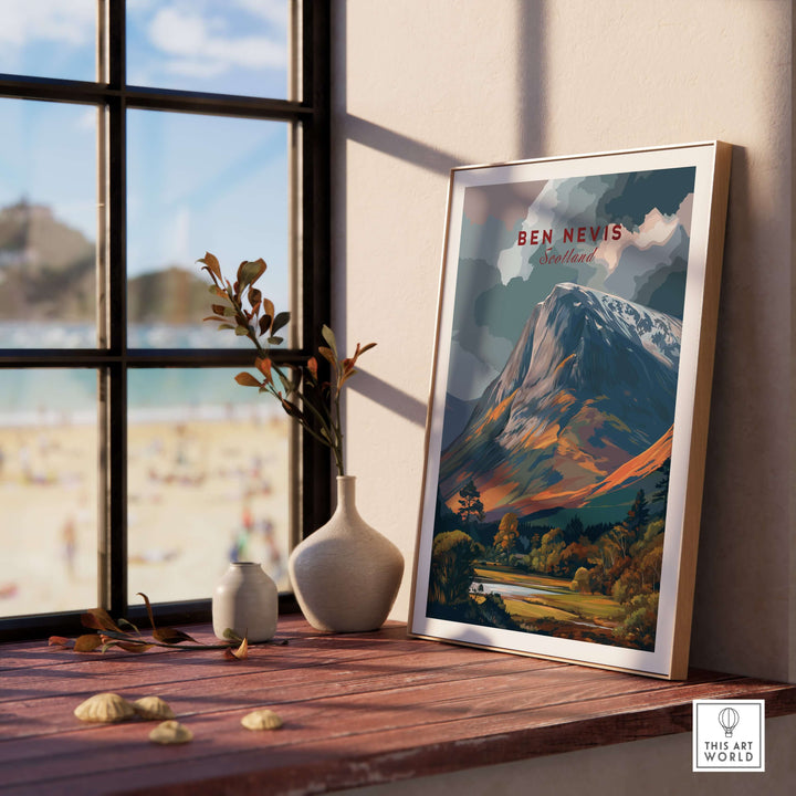 Ben Nevis Scotland snow-capped mountain poster displayed in a cozy interior, showcasing dramatic Highland scenery.
