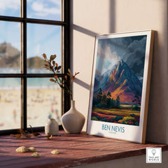 Ben Nevis Wall Art Scotland Moody Skies - Scottish Highlands Travel Poster displayed on a table near a window.