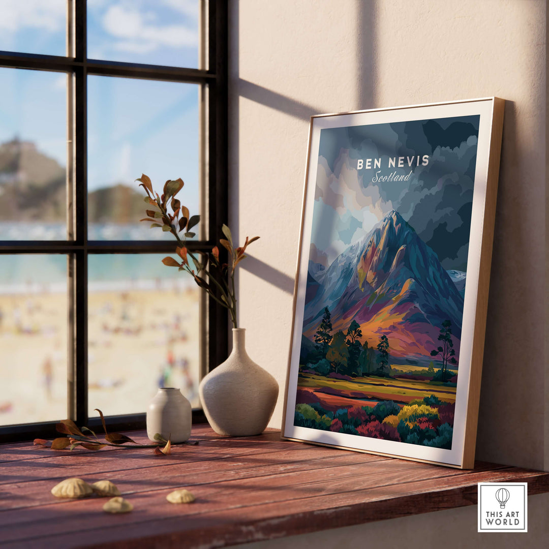 Ben Nevis art print depicting a vibrant dusk mountain landscape in Scotland, framed and displayed by a window.