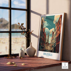 Brussels Belgium Gothic Architecture Print - Belgium Travel Poster displayed in a sunlit room with a wooden table.