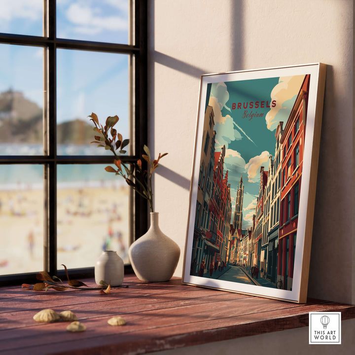 Framed poster of Brussels street art featuring iconic buildings by a window, adding urban charm to interior decor.