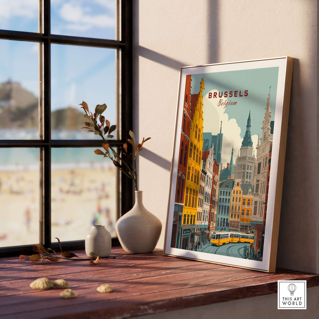 Brussels Belgium Tram Cityscape poster showcasing vibrant street scene with historic architecture.