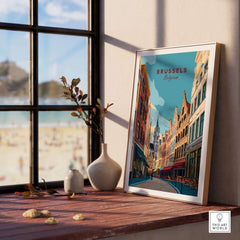 Brussels Print Belgium - Old Town Europe Poster framed on a wooden table by the window, showcasing charming architecture.