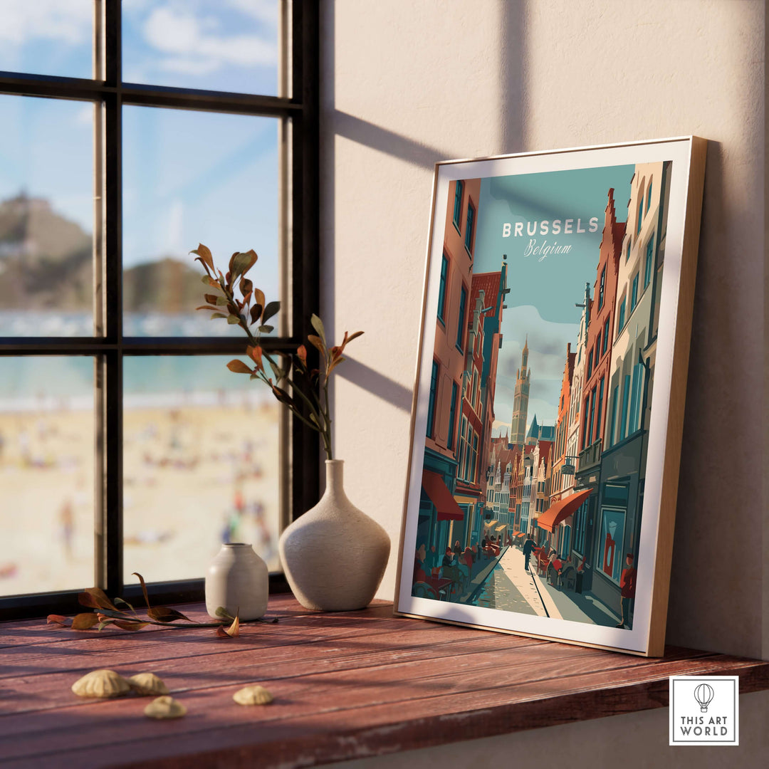 Brussels Belgium art print framed on a table by a window, showcasing vibrant architecture and city charm.