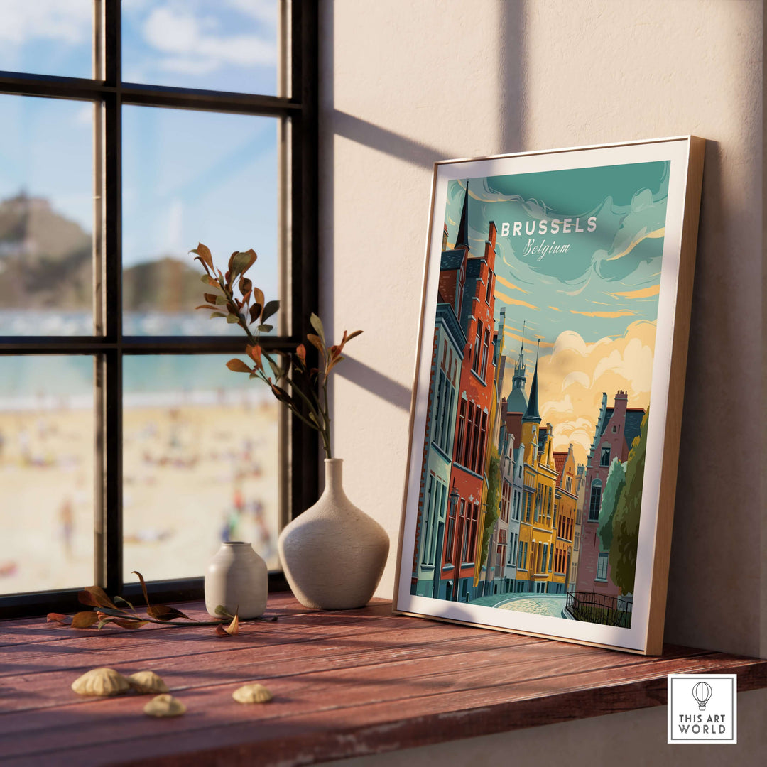Brussels Belgium historic houses sunset poster framed, showcasing iconic architecture by a window
