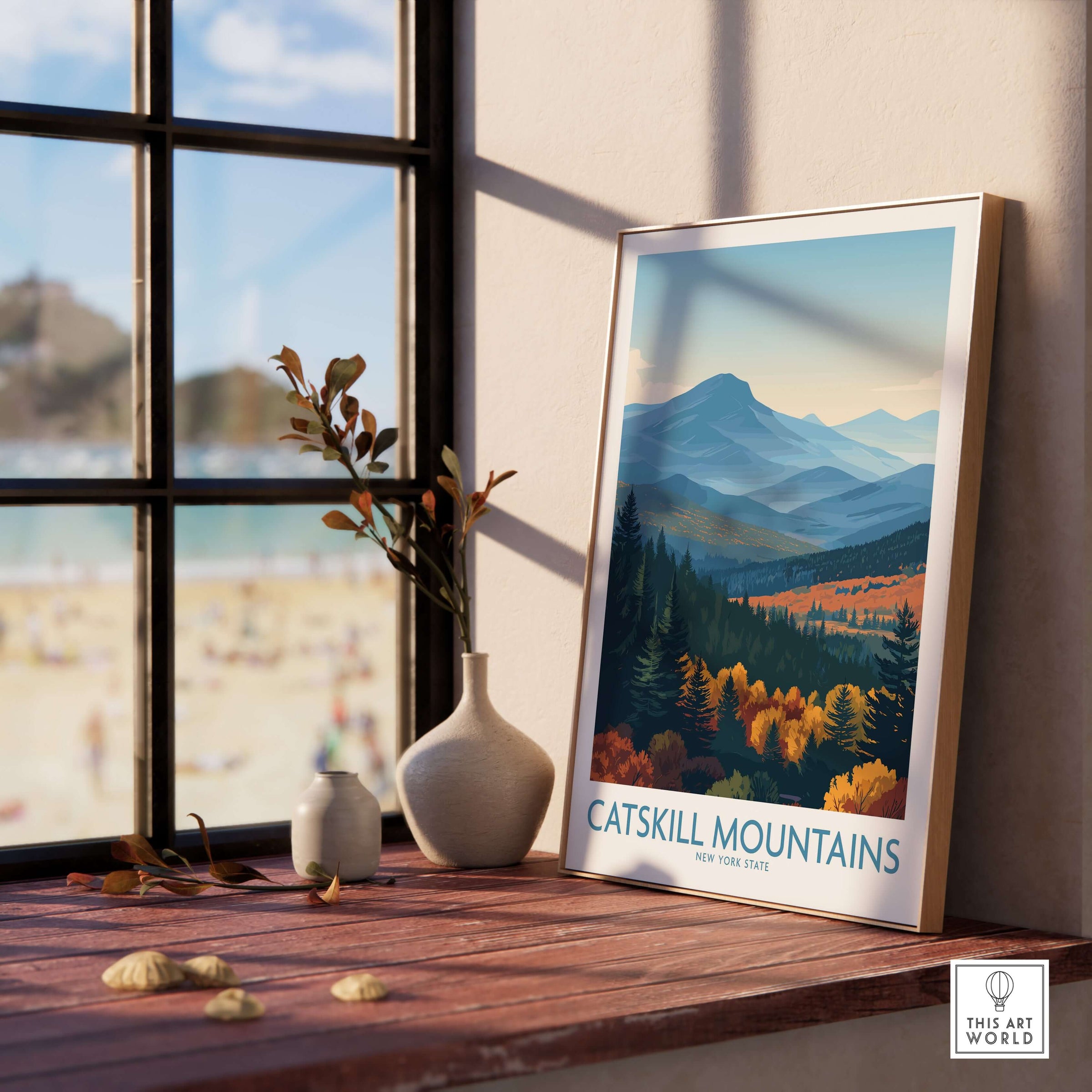 Catskill Mountains New York Blue Mountains Fall Poster - New York State Nature Decor displayed in a cozy indoor setting.