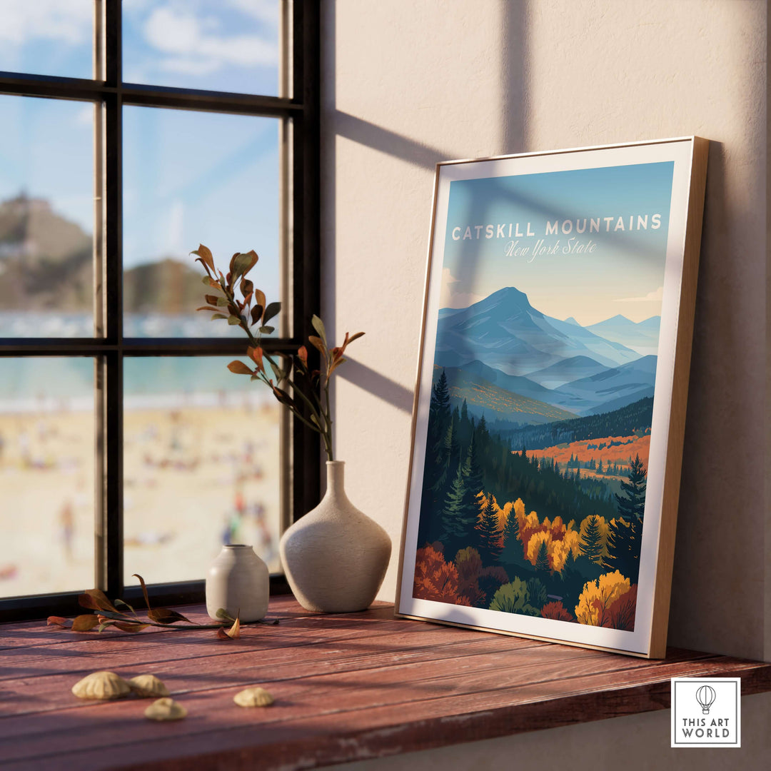 Catskill Mountains Layered Hills print framed on a windowsill with a view, showcasing vibrant autumn colors and mountain ranges.