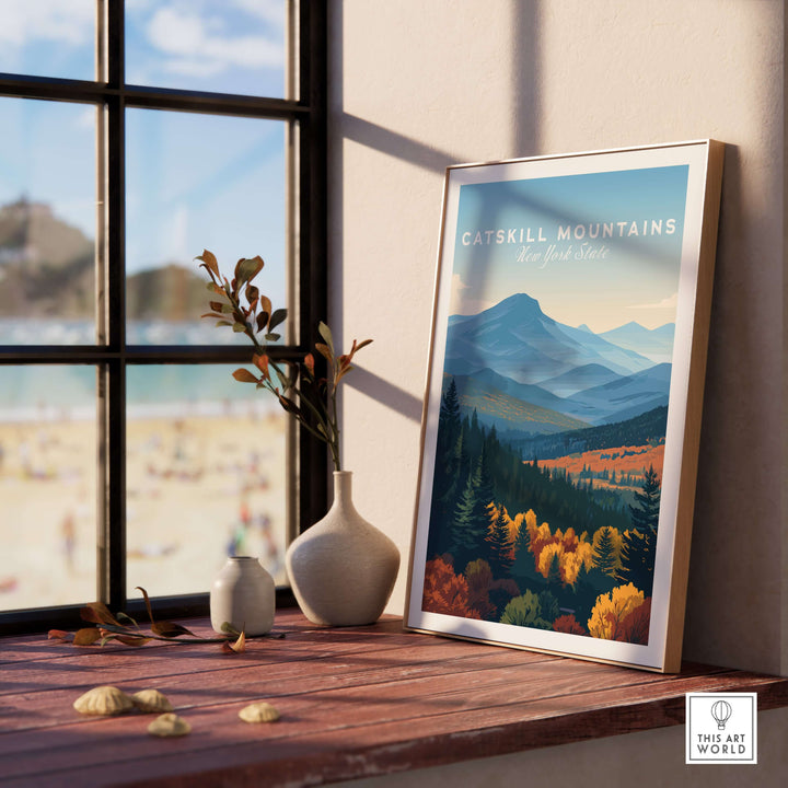 Catskill Mountains Layered Hills print framed on a windowsill with a view, showcasing vibrant autumn colors and mountain ranges.