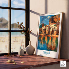 Cefalù Italy Mediterranean Beach Poster - Historic Seaside Travel Print displayed in a sunlit room with a coastal view.