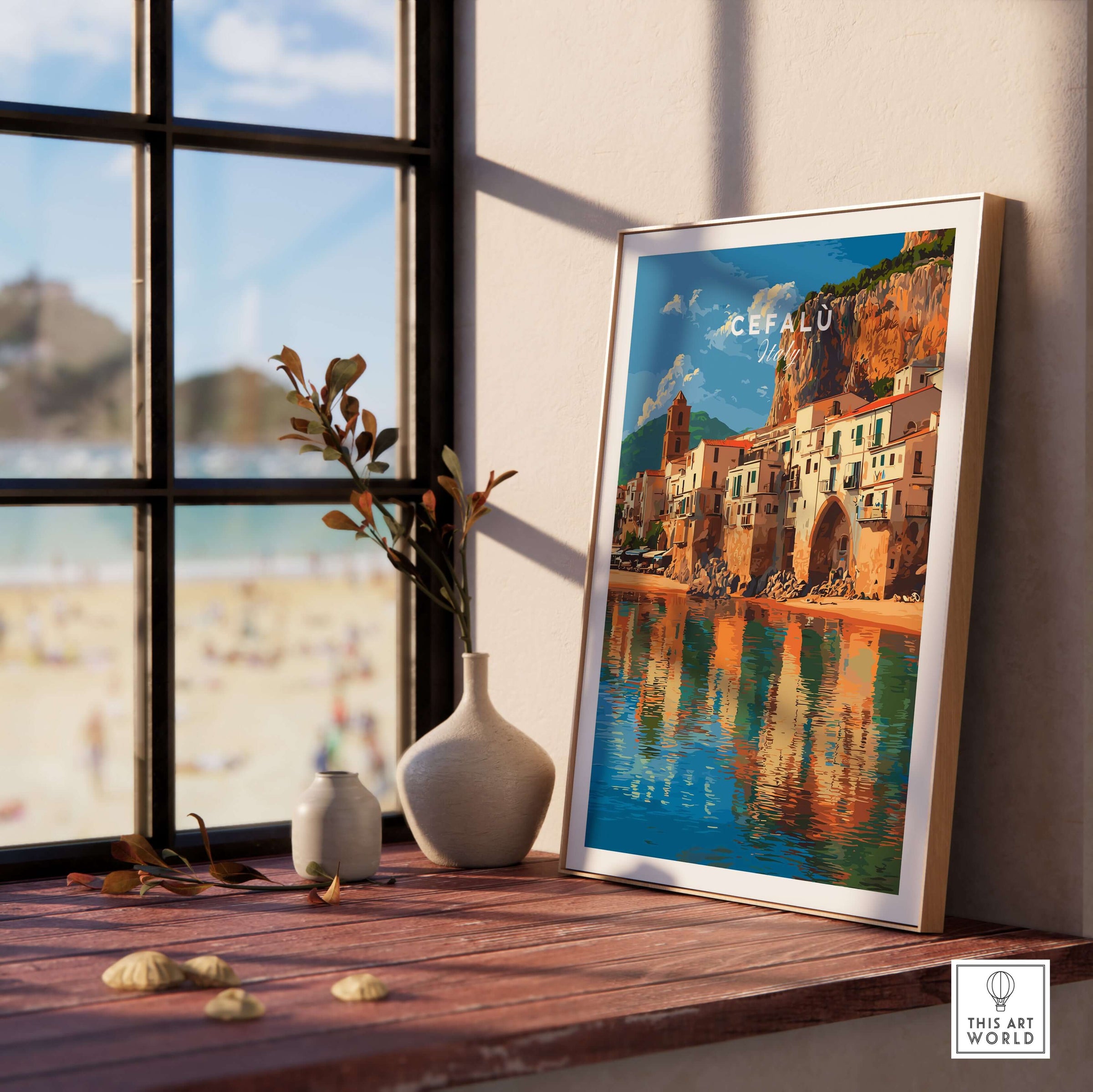 Cefalù Italy Travel Print - Sicilian Village Wall Art framed by a sunny window with coastal view.