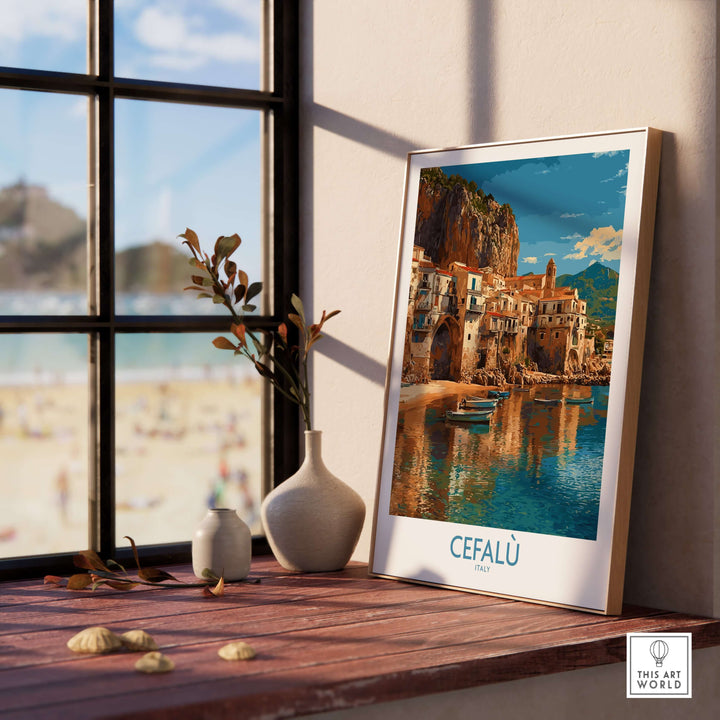 Cefalù Italy wall art displayed by a window, showcasing colorful buildings and coastal views.