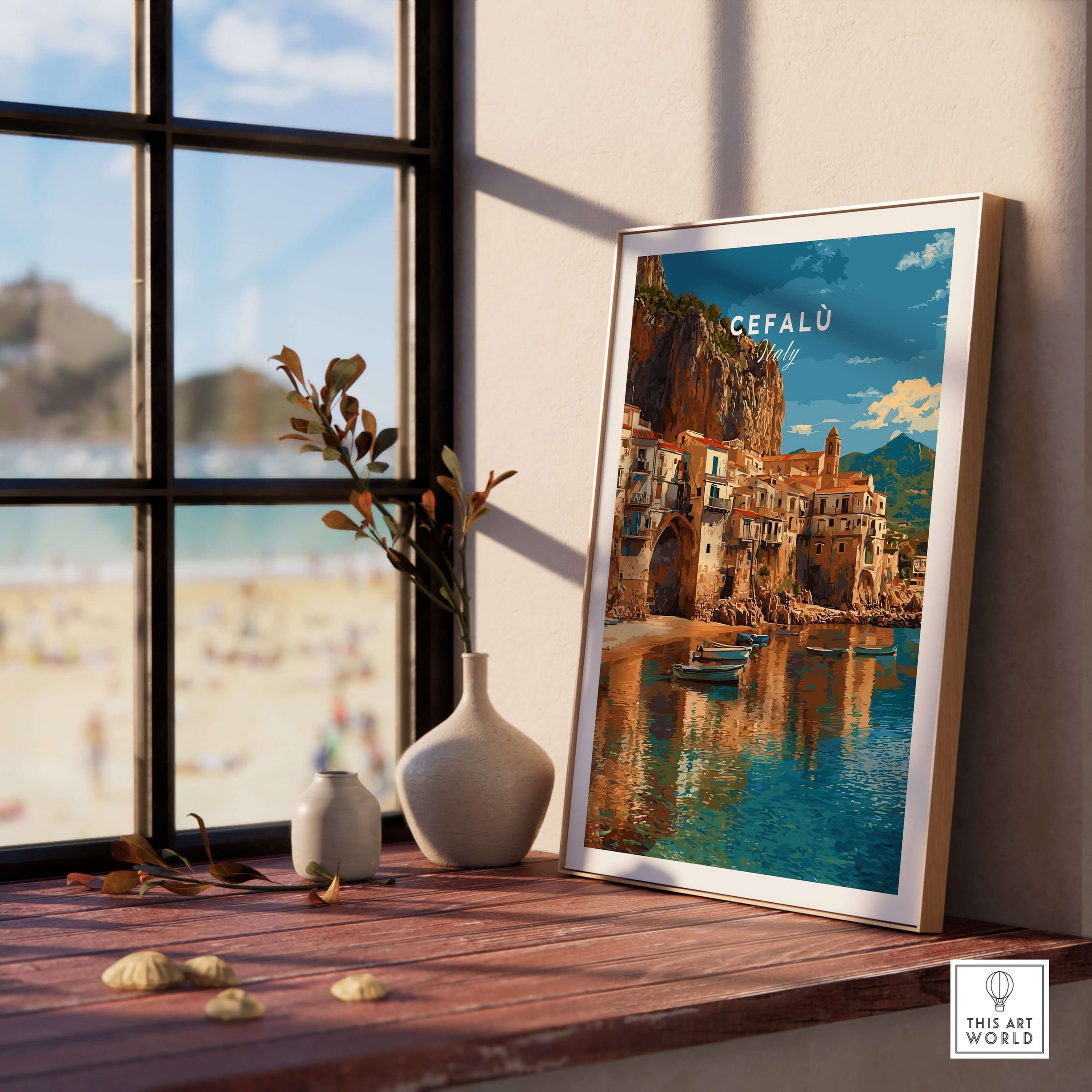Cefalù Italy Poster - Sicilian Coastline Art Print displayed near a window with scenic seaside views.
