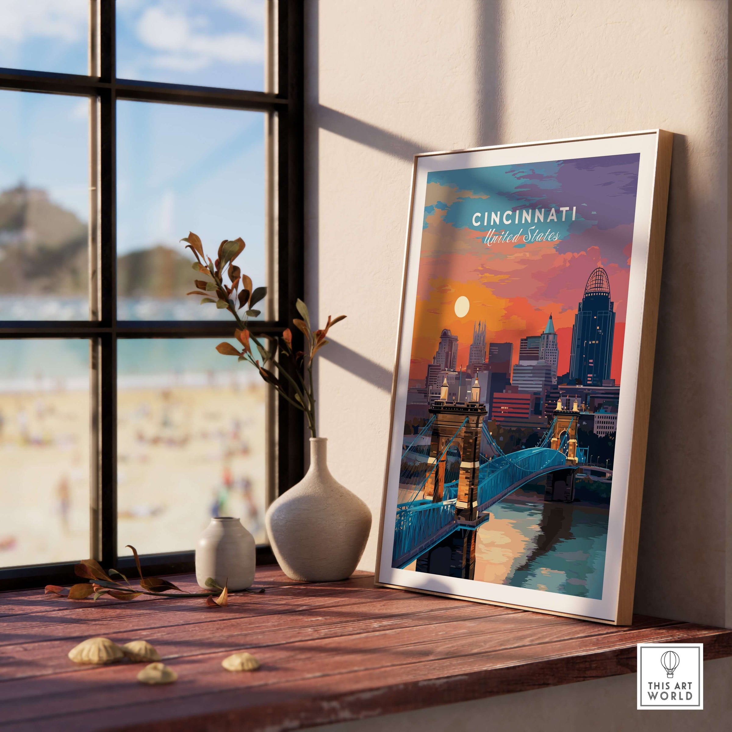 Cincinnati Ohio Sunset Skyline Poster - Roebling Bridge Wall Art framed on a windowsill with vibrant colors.
