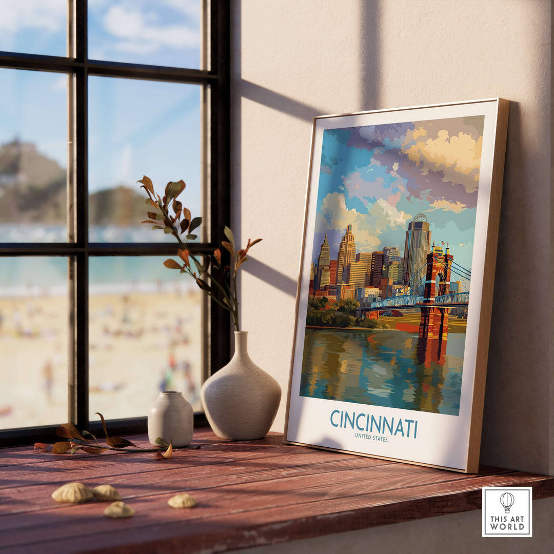 Cincinnati Riverfront cityscape poster on a wooden desk, showcasing vibrant Ohio skyline art.