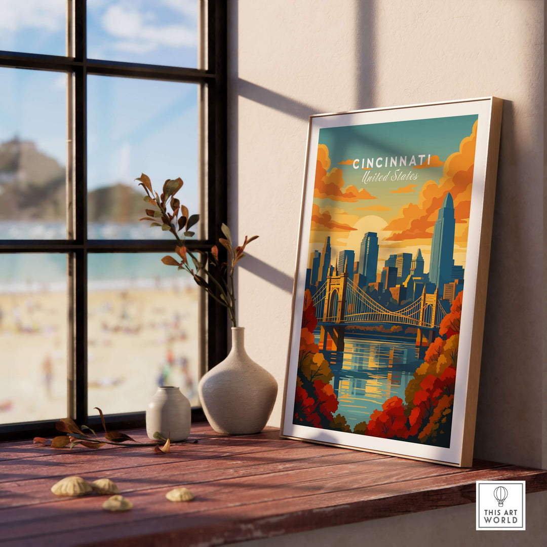 Cincinnati Sunset River Reflection poster showcasing Roebling Bridge, framed by warm autumn colors and a scenic backdrop.