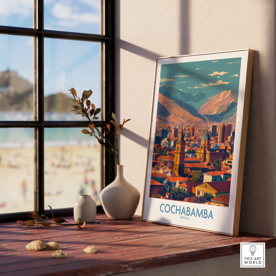 Cochabamba Bolivia downtown wall art print showcasing cityscape and mountains in a stylish setting by the window.
