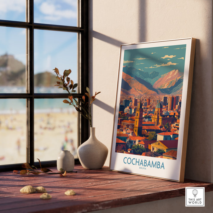 Cochabamba Bolivia downtown wall art print showcasing cityscape and mountains in a stylish setting by the window.