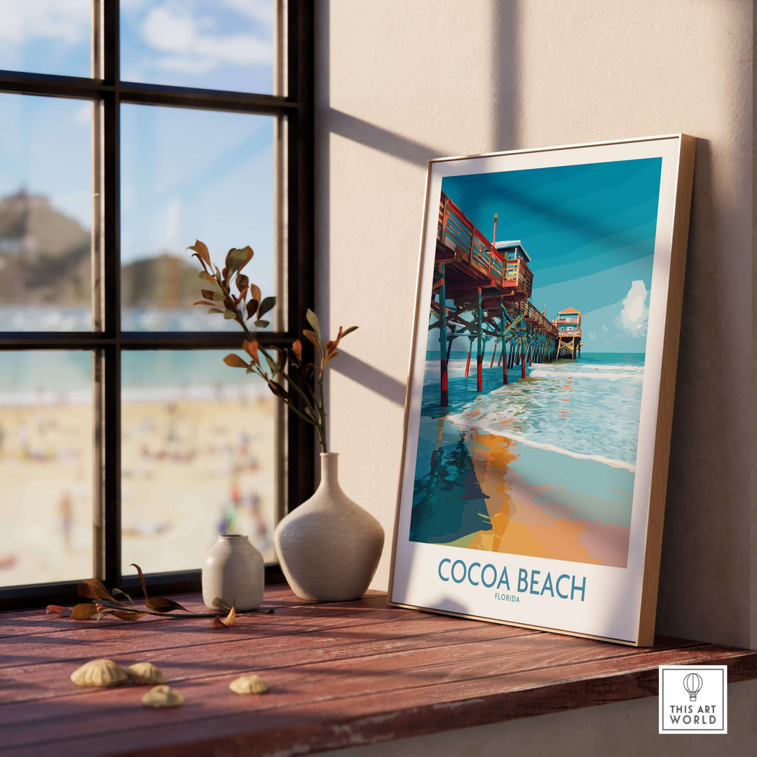 Cocoa Beach Pier poster framed on a table with ocean view, showcasing Florida beach travel decor.