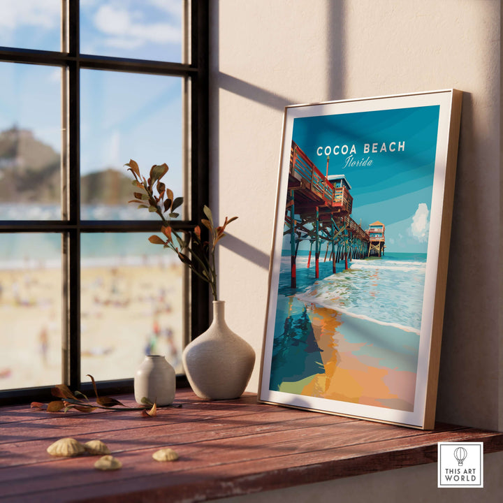 Framed Cocoa Beach Florida Pier print by a sunny window, highlighting vibrant coastal wall art.