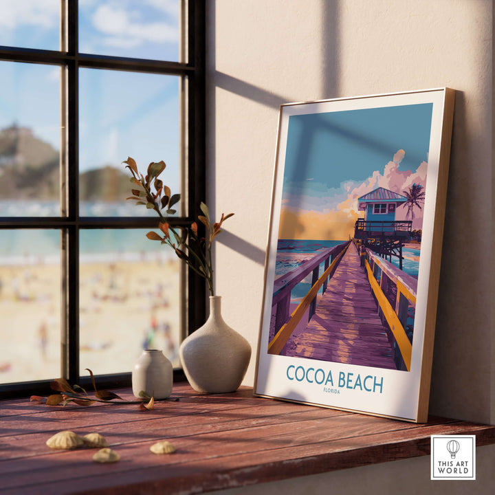 Cocoa Beach Florida wooden pier poster in sunlit room, showcasing vibrant golden hour sunset decor.