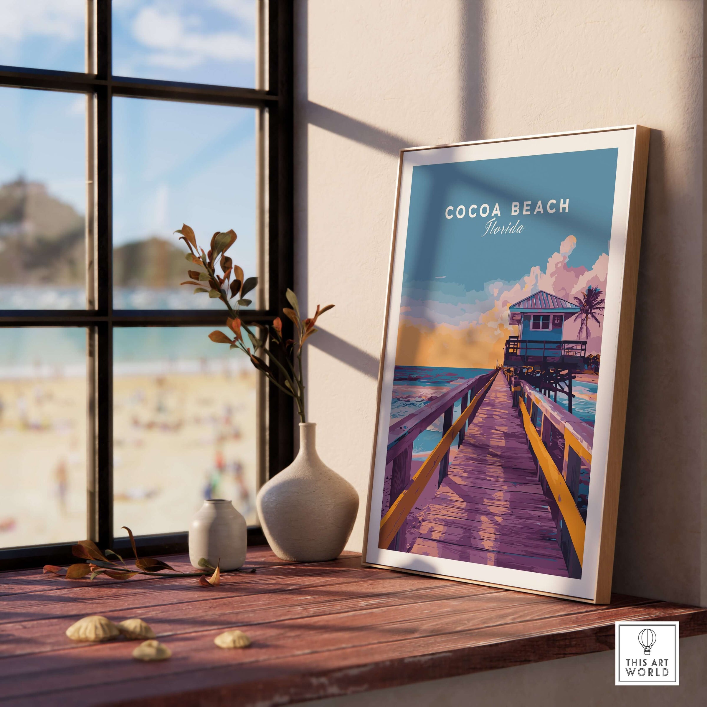 Cocoa Beach Boardwalk Print - Florida Sunset Wall Art displayed on a windowsill with beach view.