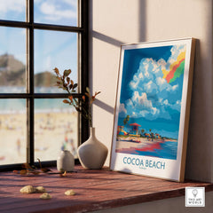 Cocoa Beach Rainbow Cloud Poster - Florida Travel Decor showcasing vibrant rainbow clouds and beach view.