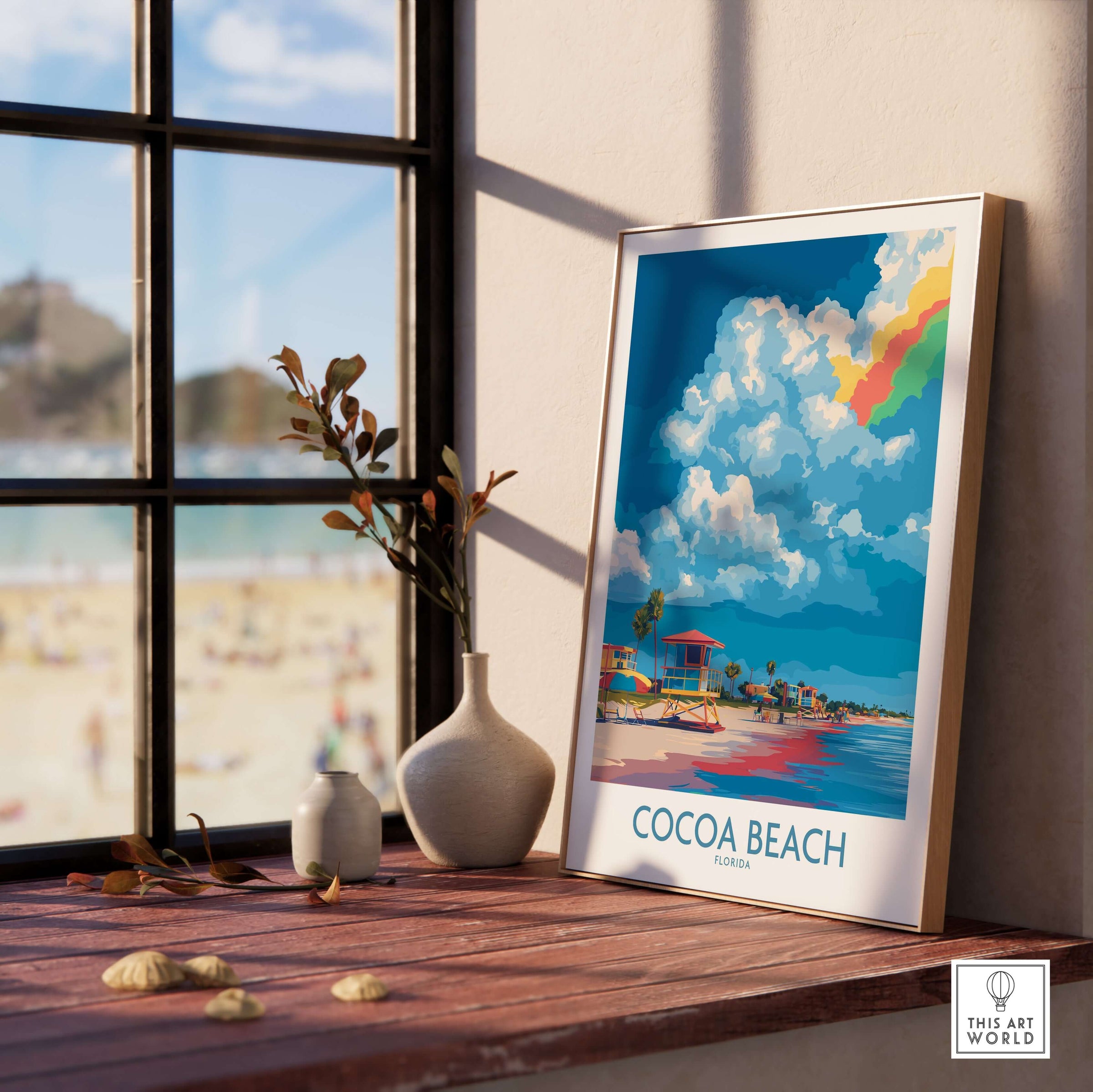 Cocoa Beach Rainbow Cloud Poster - Florida Travel Decor showcasing vibrant rainbow clouds and beach view.