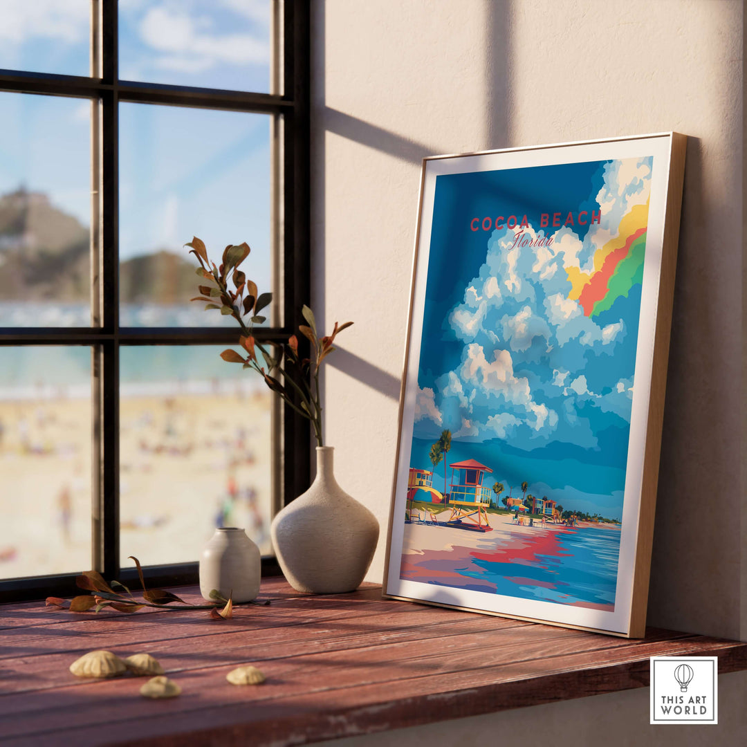 Cocoa Beach lifeguard stand print on a table, showcasing vibrant beach colors and sunny Florida vibes.